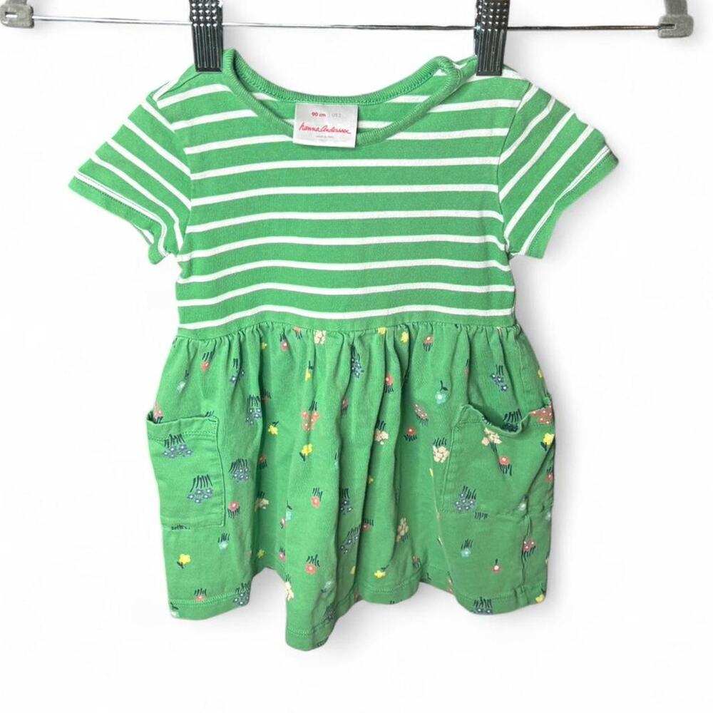 Hanna Andersson Green White Stripe Floral Pocket Dress 90cm US 3 Toddler